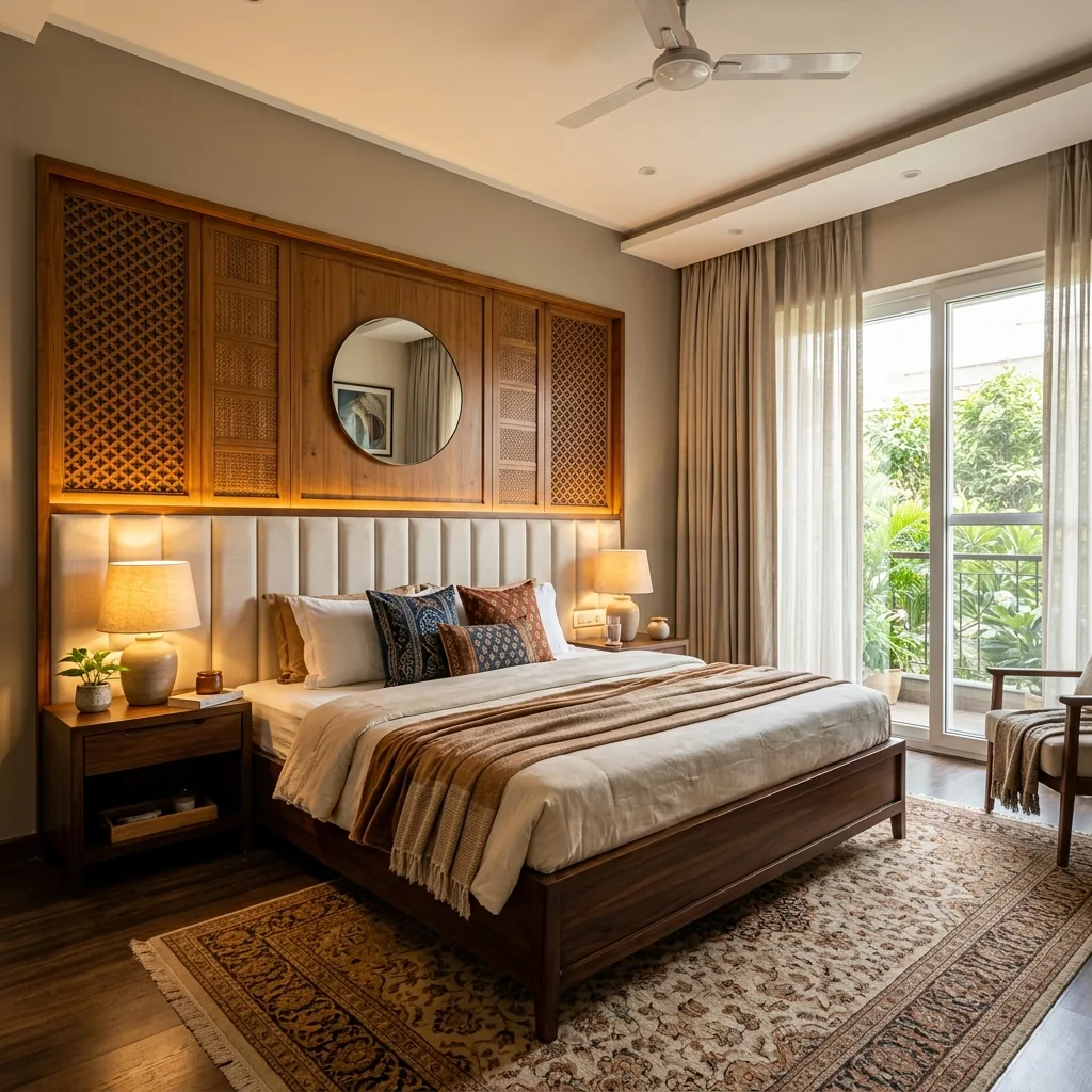 Luxury master bedroom with bespoke wooden accent wall