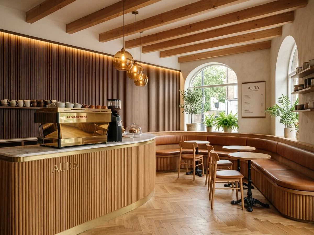 Boutique cafΓ© interior with custom woodwork and seating