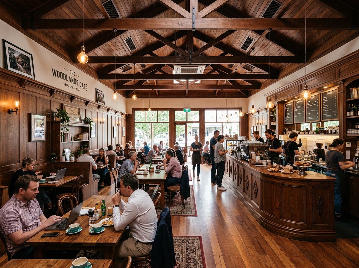 Café interior wide view showing full woodwork fitout