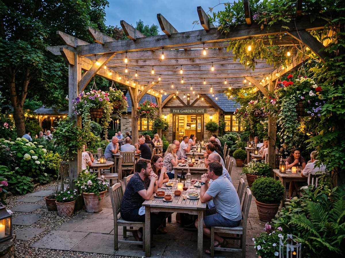 Café outdoor seating area with wooden pergola and planters