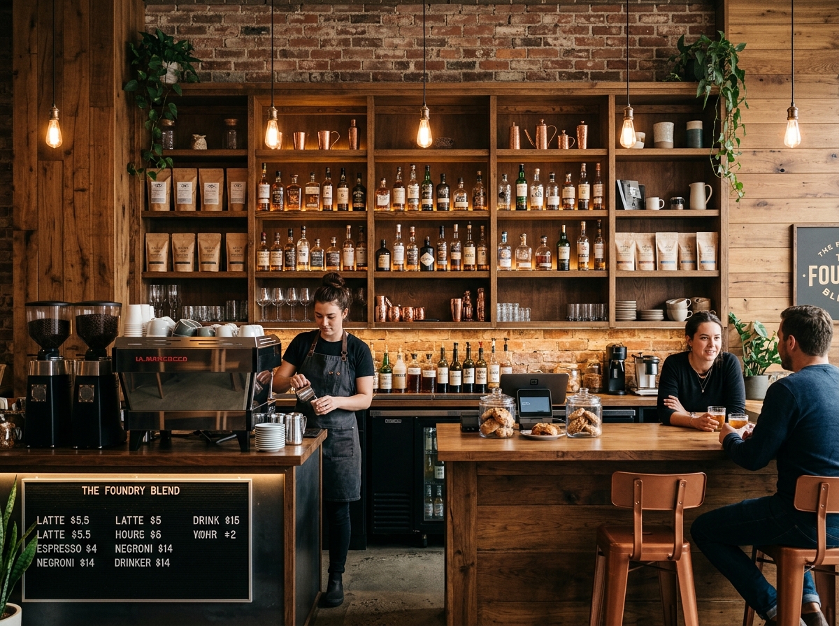Custom wooden shelving and storage behind café bar counter