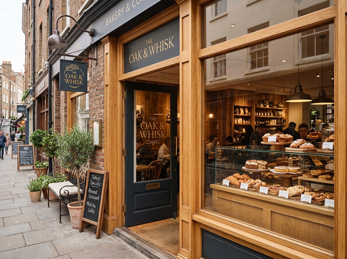 Café entrance with wooden door frame and display window