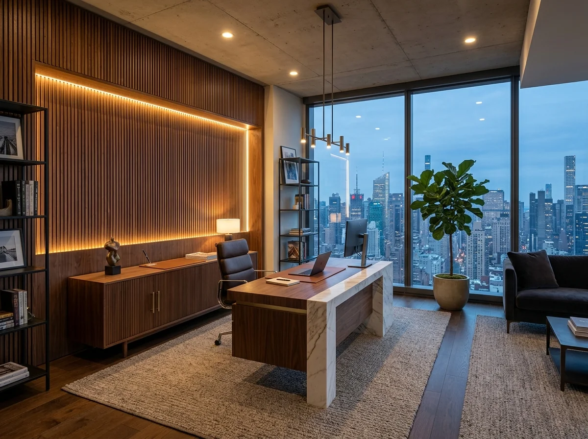 Modern office interior with custom woodwork and partitions