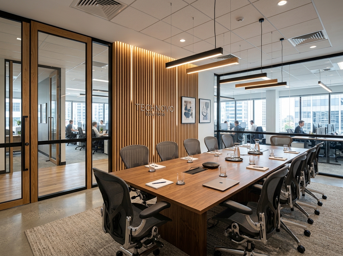 Conference room with custom wooden table and slat accent wall
