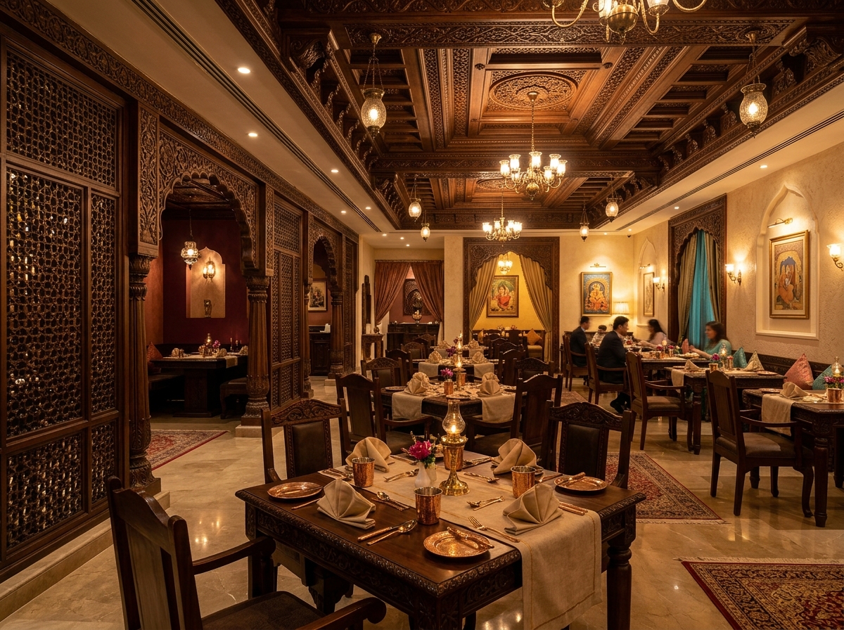 Traditional restaurant with ornate wooden jali partitions and carved ceiling