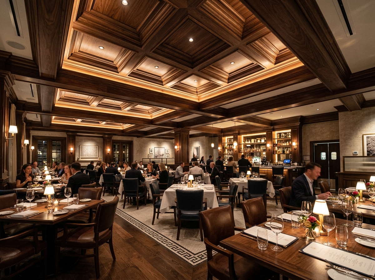 Custom coffered wooden ceiling design in upscale restaurant