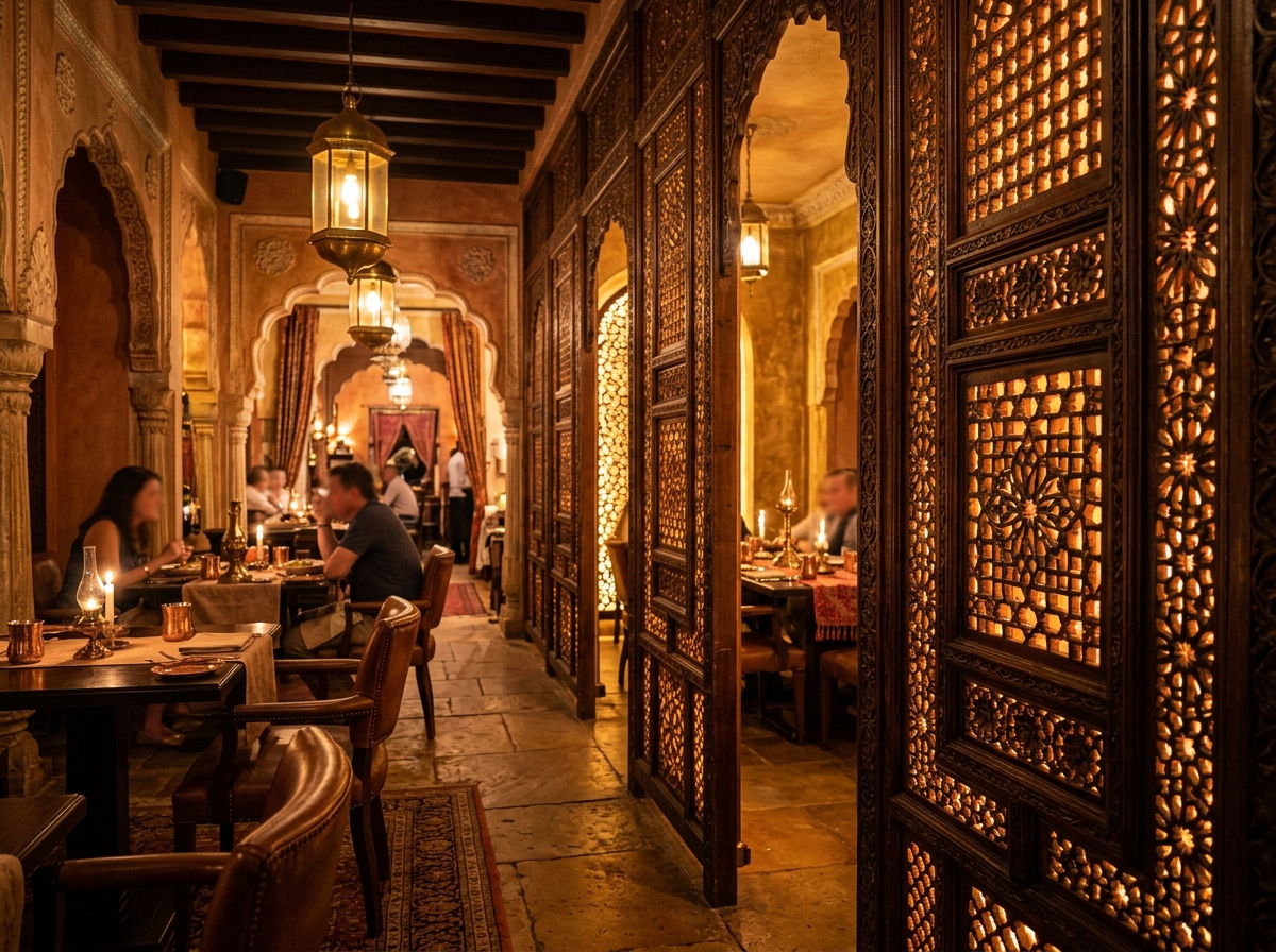 Hand-carved wooden jali partition screens in restaurant