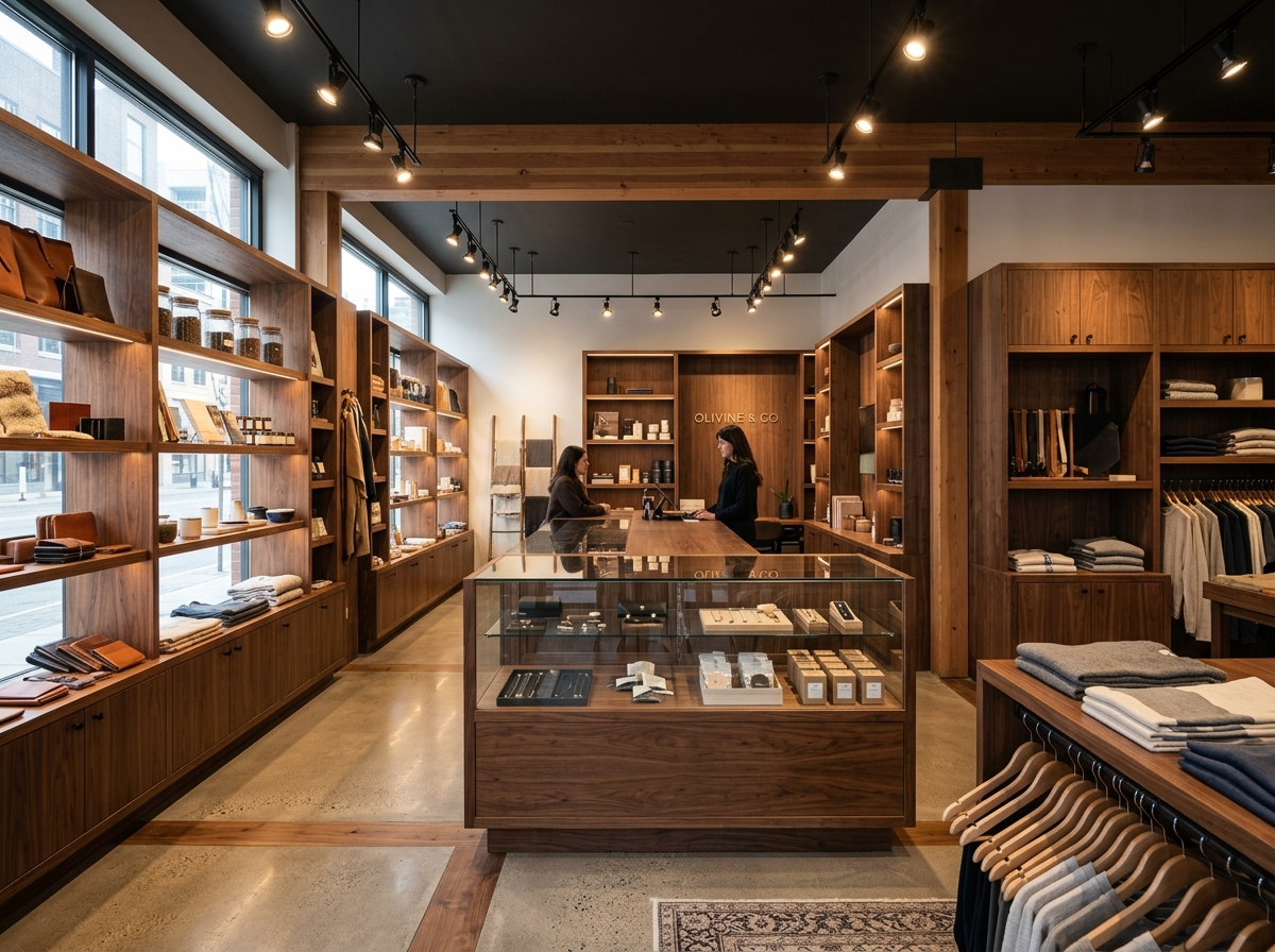 Modern retail shop with custom wooden display shelves and counter