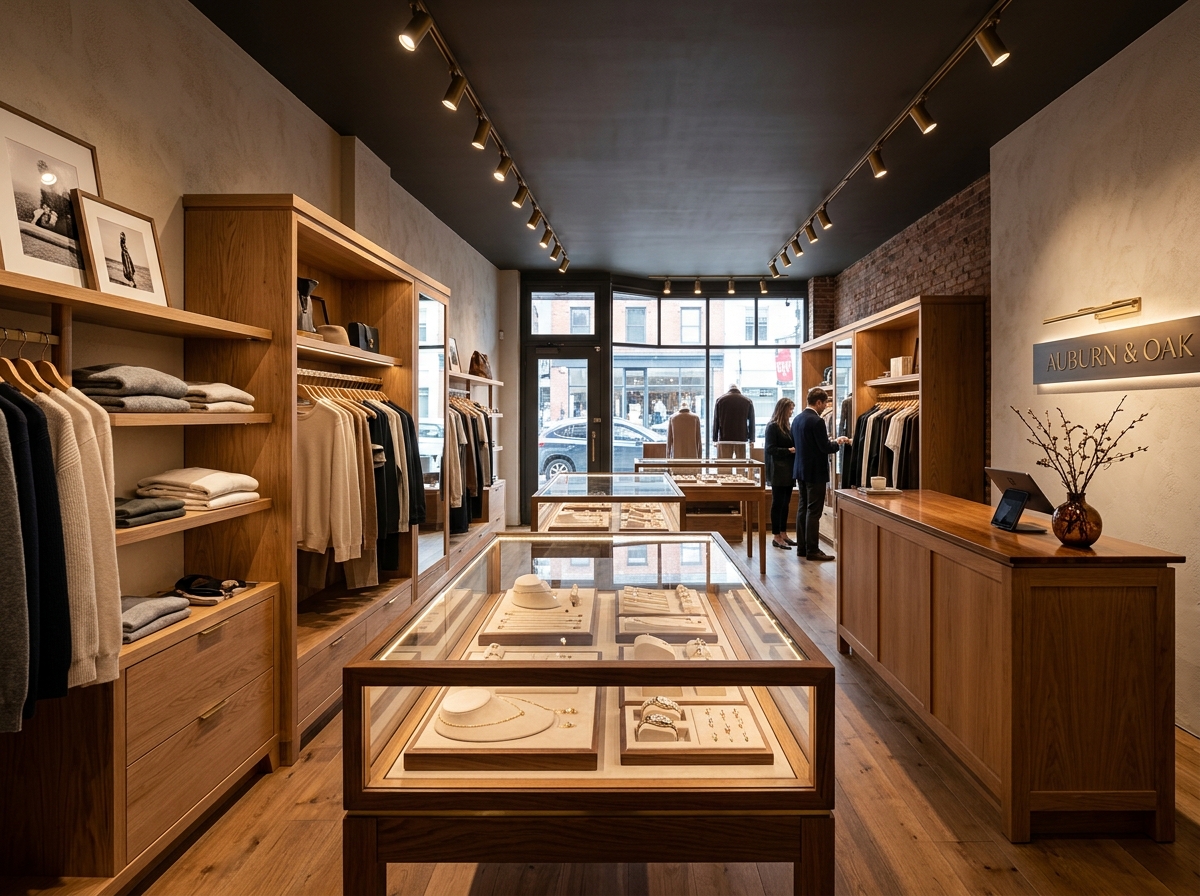 Luxury boutique shop with wooden display cases and shelving units