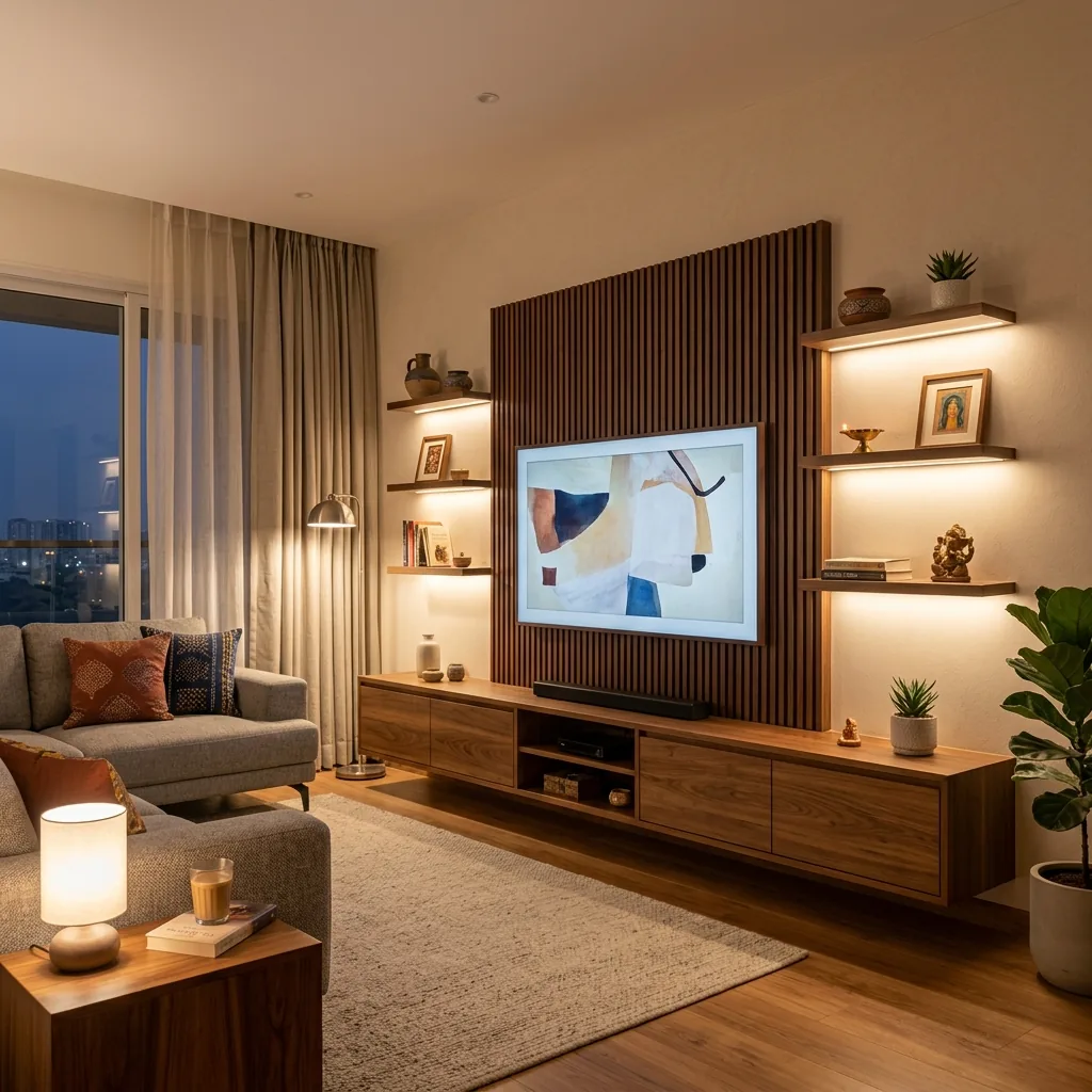 Custom TV unit with floating shelves and LED backlight