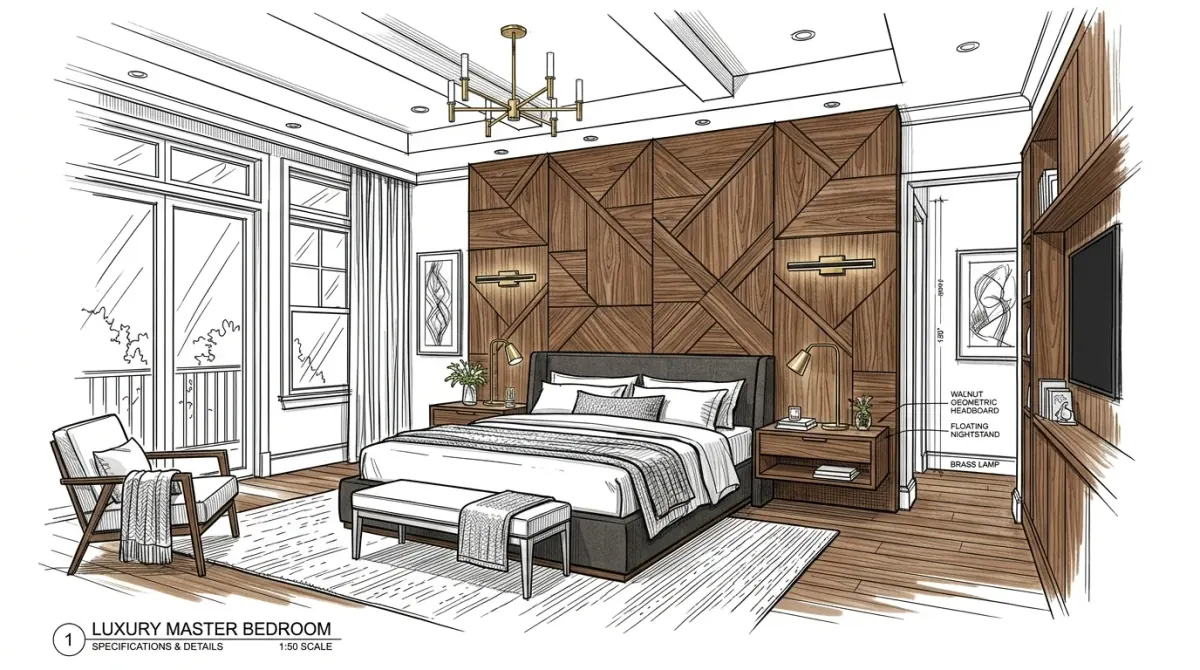 Architectural hand-drawn sketch of custom wooden bedroom suite with geometric headboard